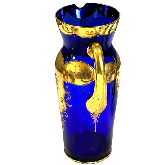 Tre Fuochi Venetian Murano Cobalt Blue Enameled and 24K Gold Decanter+6 Goblets - Picture 5 of 12